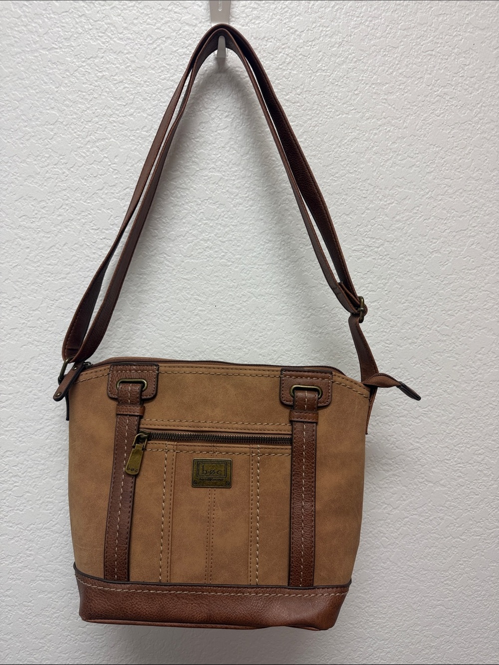 b.o.c. Tan and Brown Shoulder Bag with Front Zip Pocket